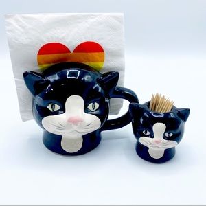 Lego Mid Century Vintage Ceramic Black Cat Napkin & Toothpick Holder Set